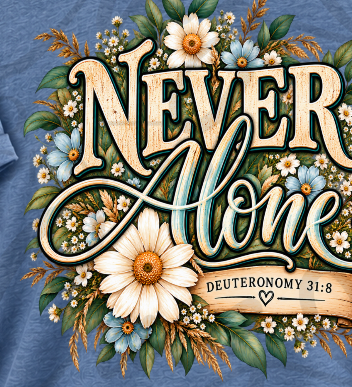 Never Along — Deuteronomy 31:8 | Christian t-shirt