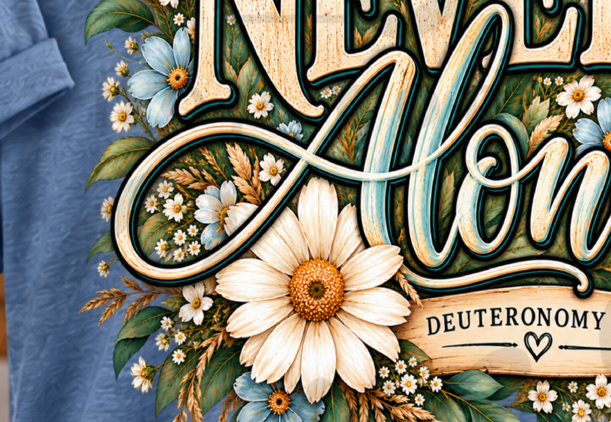 Never Along — Deuteronomy 31:8 | Christian t-shirt