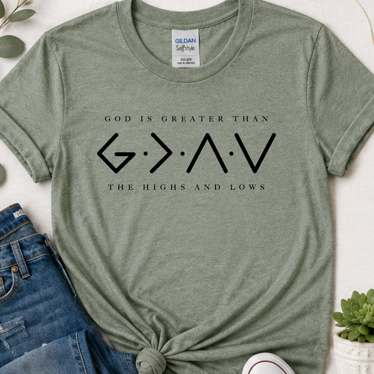 God is greater than the highs & lows horizontal Christian t-shirt