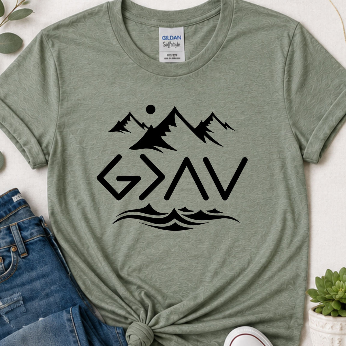 God is greater than the highs & lows mountains Christian t-shirt